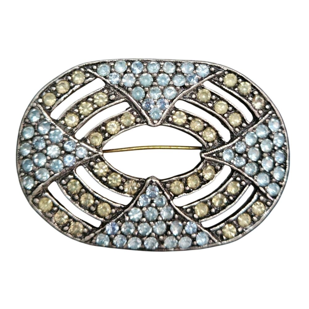 Vintage Nancy Katz Art Deco Style Rhinestone Brooch Blue and Yellow